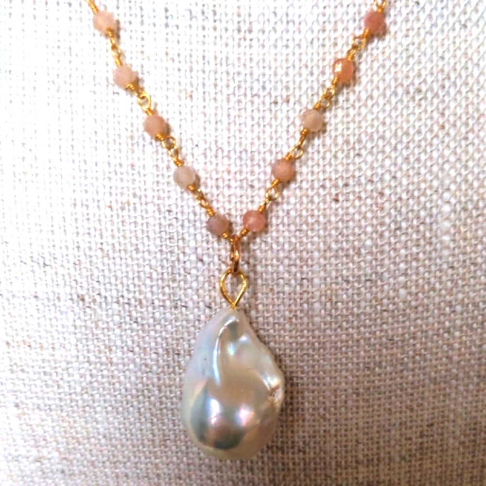 Genuine Baroque Pearl & Moonstone Necklace,  Gold Wire wrapped  New,  Dainty